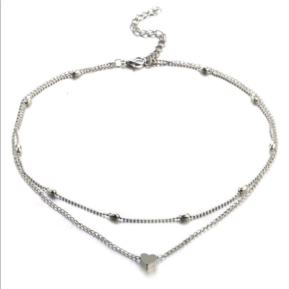 Double Layered Silver Heart Choker Necklace - Picture 4 of 8